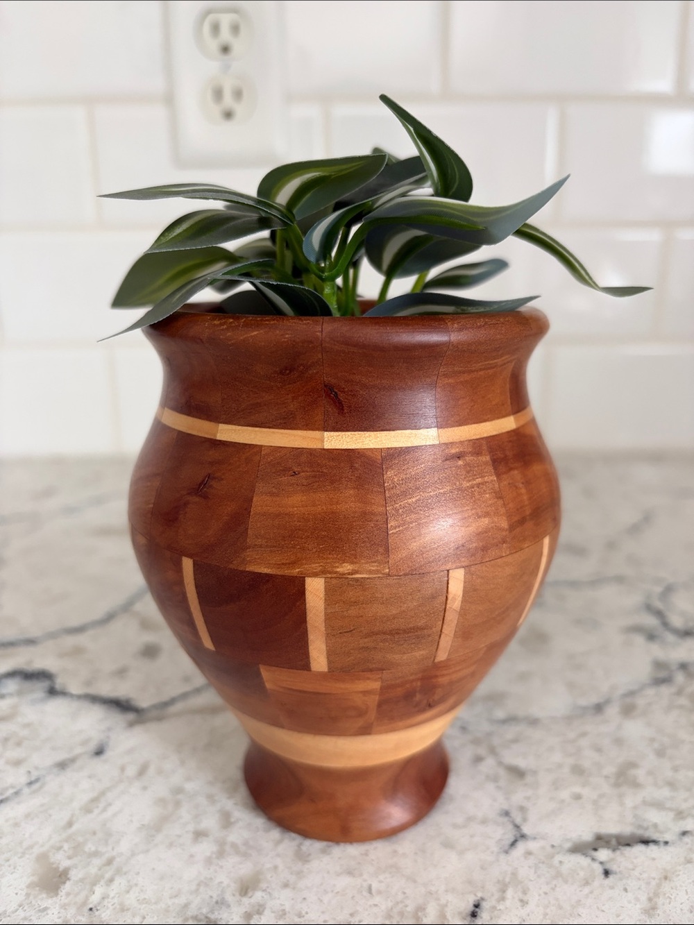 Beautifully Hand-turned Wood Vase with Faux Plant